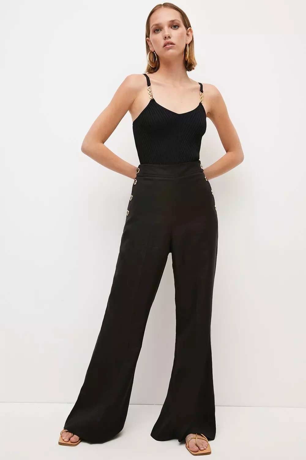 Petite Linen Blend Button High Waist Pants Karen Millen