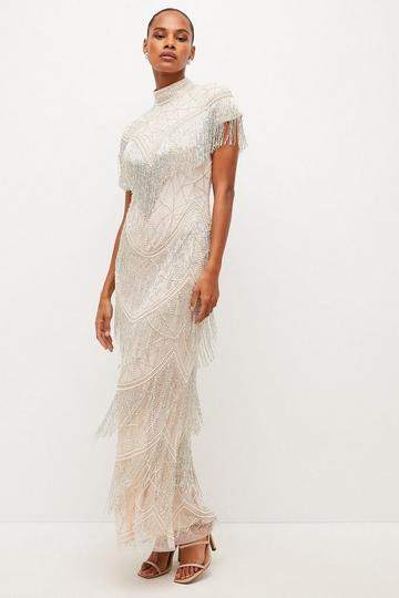 Diamante Pearl Embellished Woven Maxi Dress nude