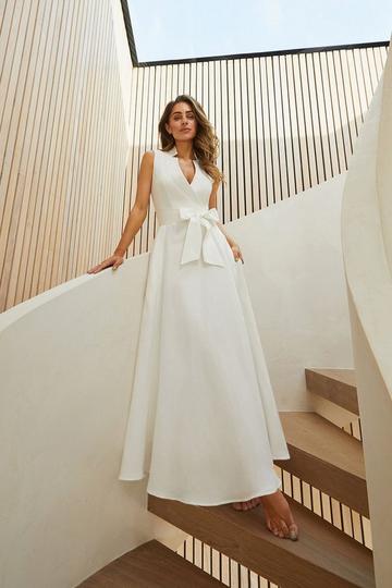 Lydia Millen Petite Linen Wrap Tie Waisted Maxi Dress ivory