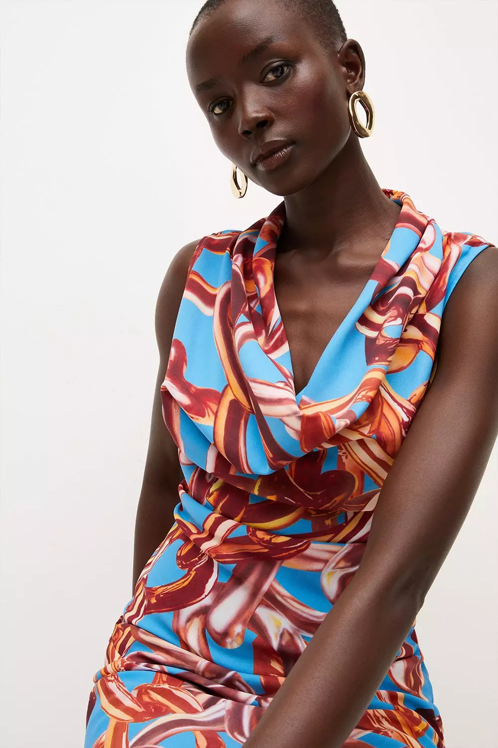 Chain Fluid Crepe Cowl Neck Woven Midi Dress | Karen Millen
