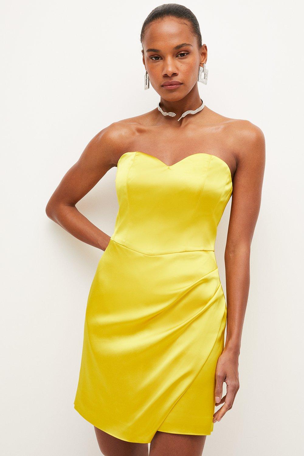 Lime Italian Structured  Satin Drape Bandeau Mini Dress 