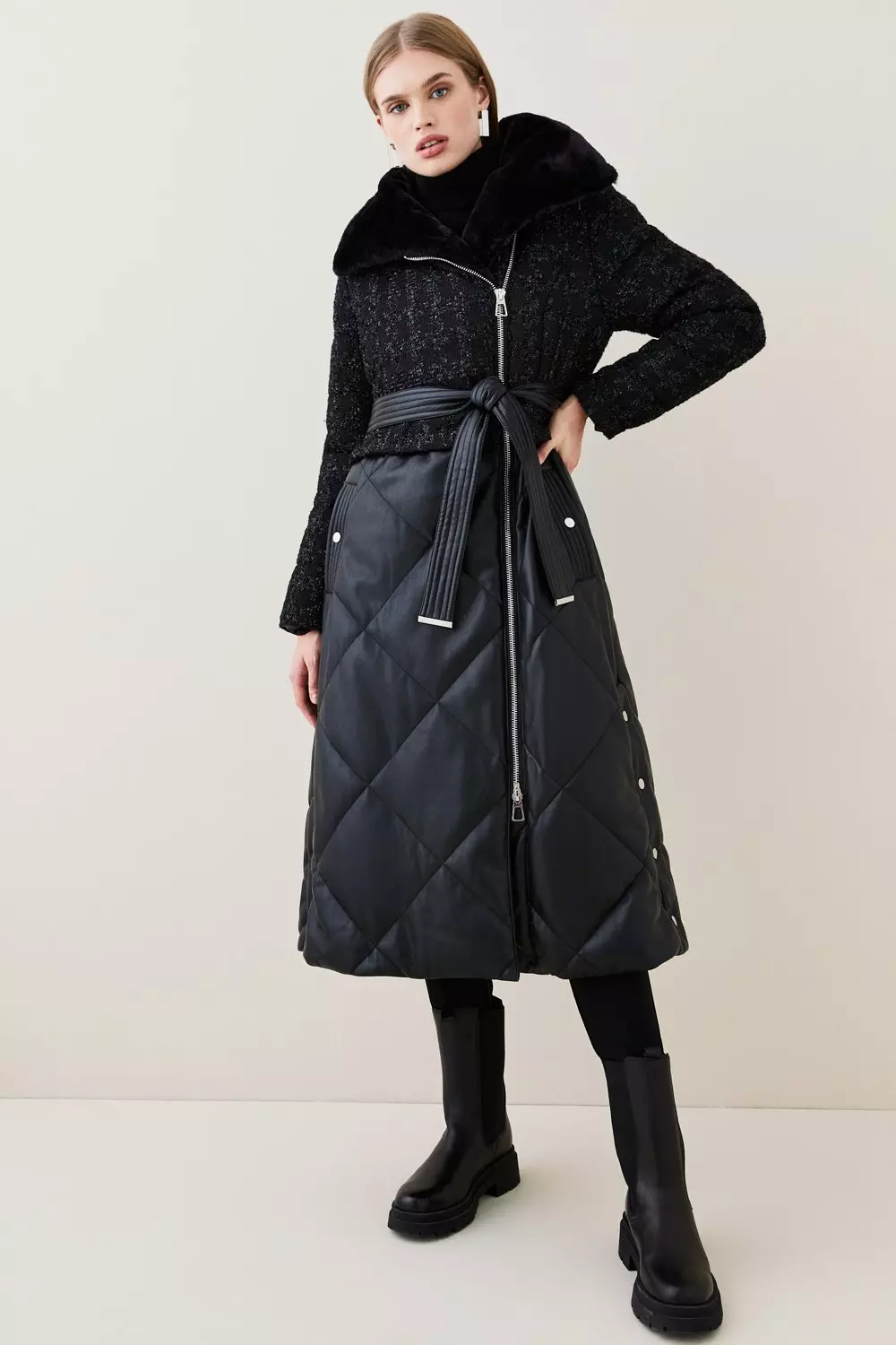 Boucle Pu Mix Longline Puffer Coat Karen Millen