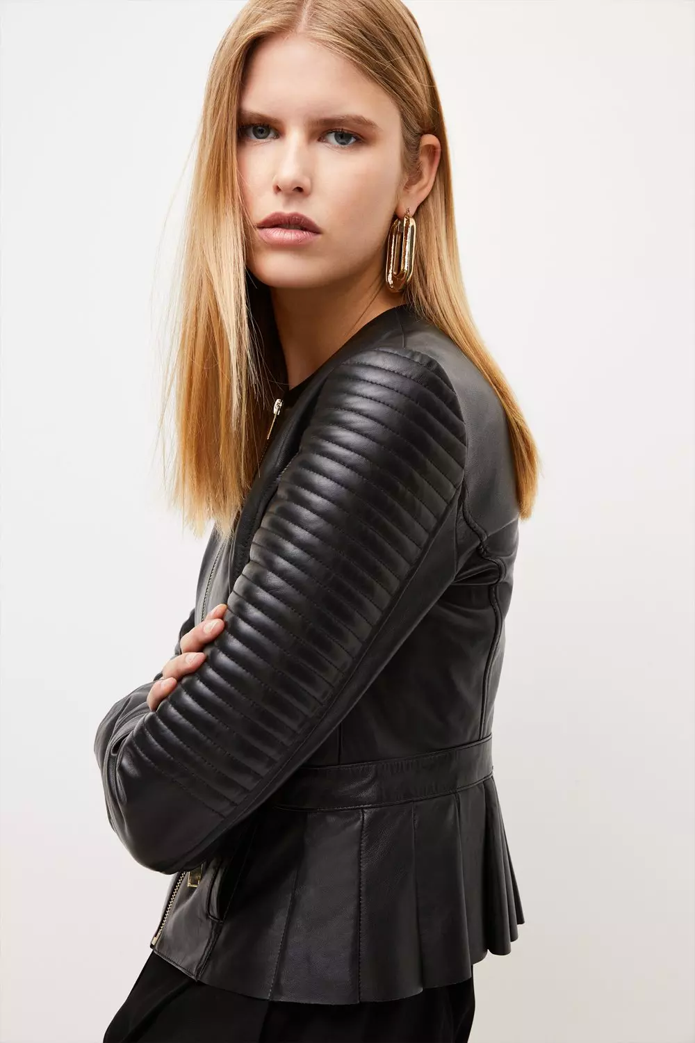 Leather Collarless Quilted Panel Jacket Karen Millen