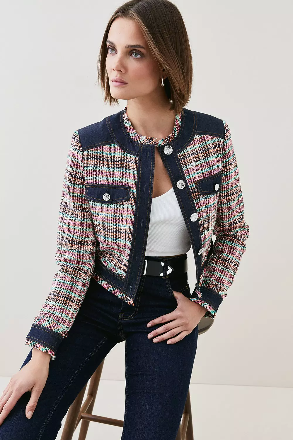 【RE_L】CURD TWEED JACKET Belted tweed jacket White for Women | Maje