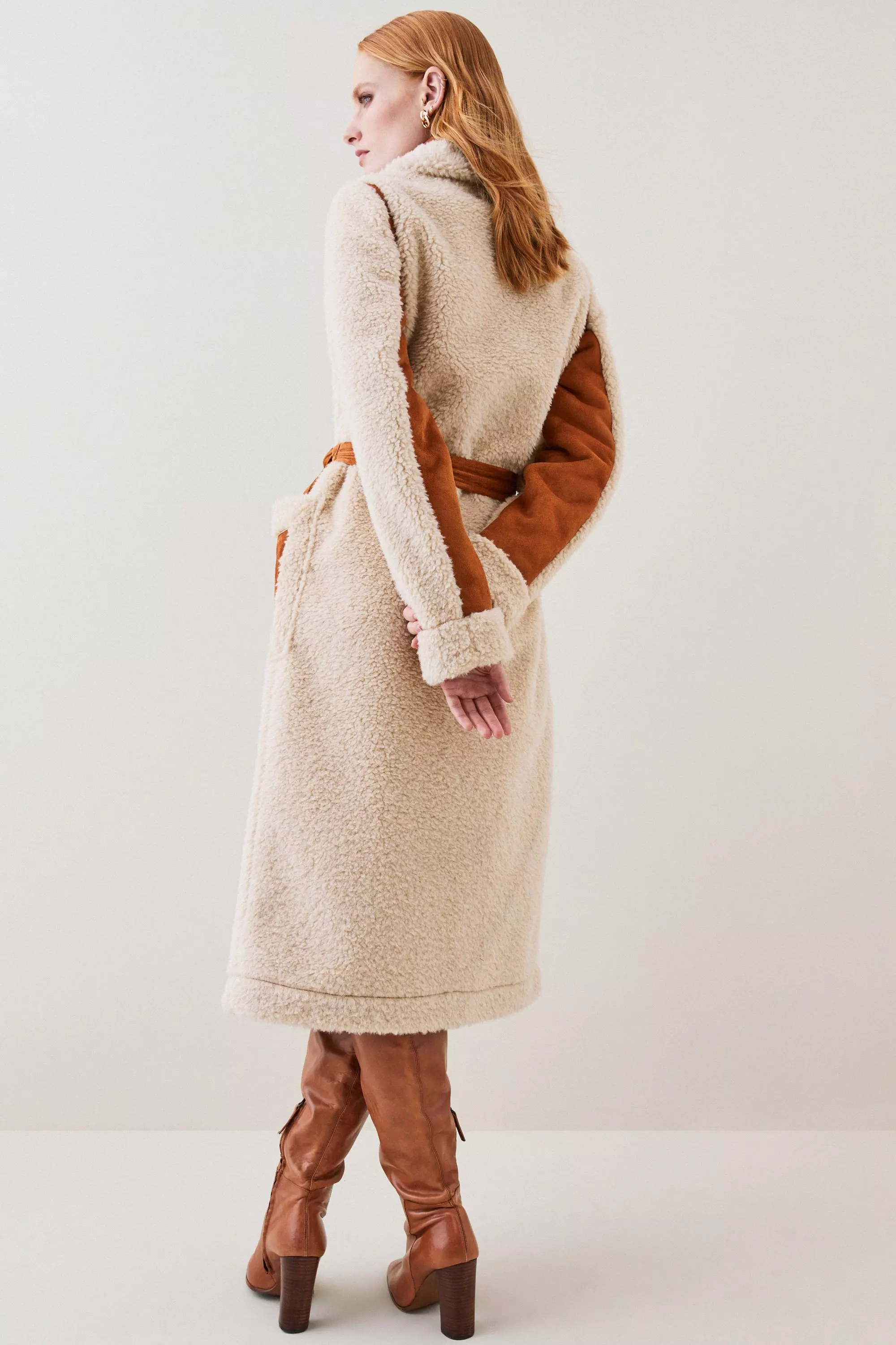 Petite Longline Db Faux Shearling Belted Coat | Karen Millen