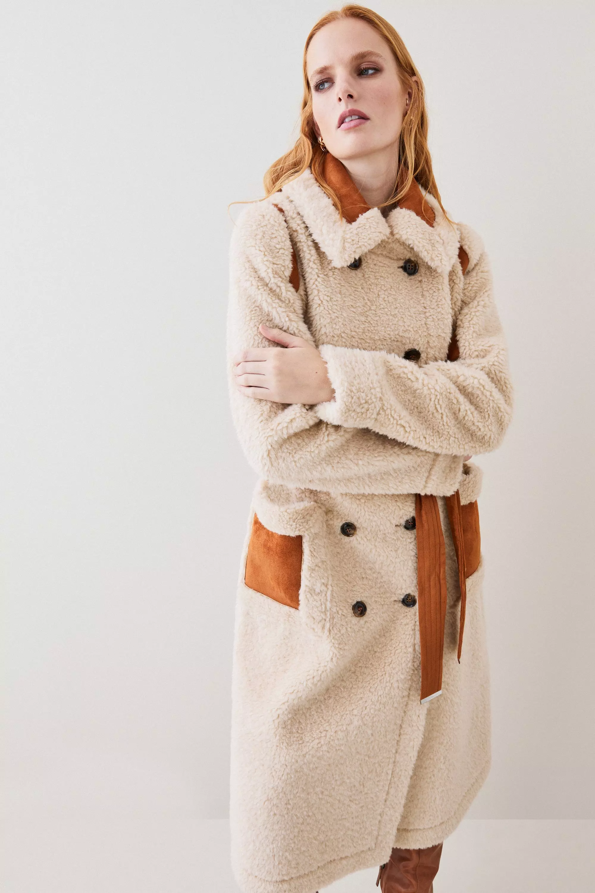 Petite Longline Db Faux Shearling Belted Coat | Karen Millen