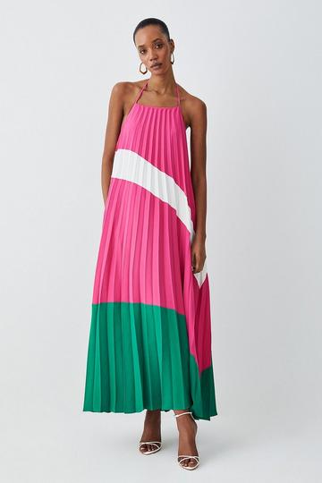 Soft Tailored Pleated Halter Neck Maxi Dress pink