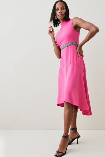 Soft Tailored Embellished High Low Midi Dress bright pink