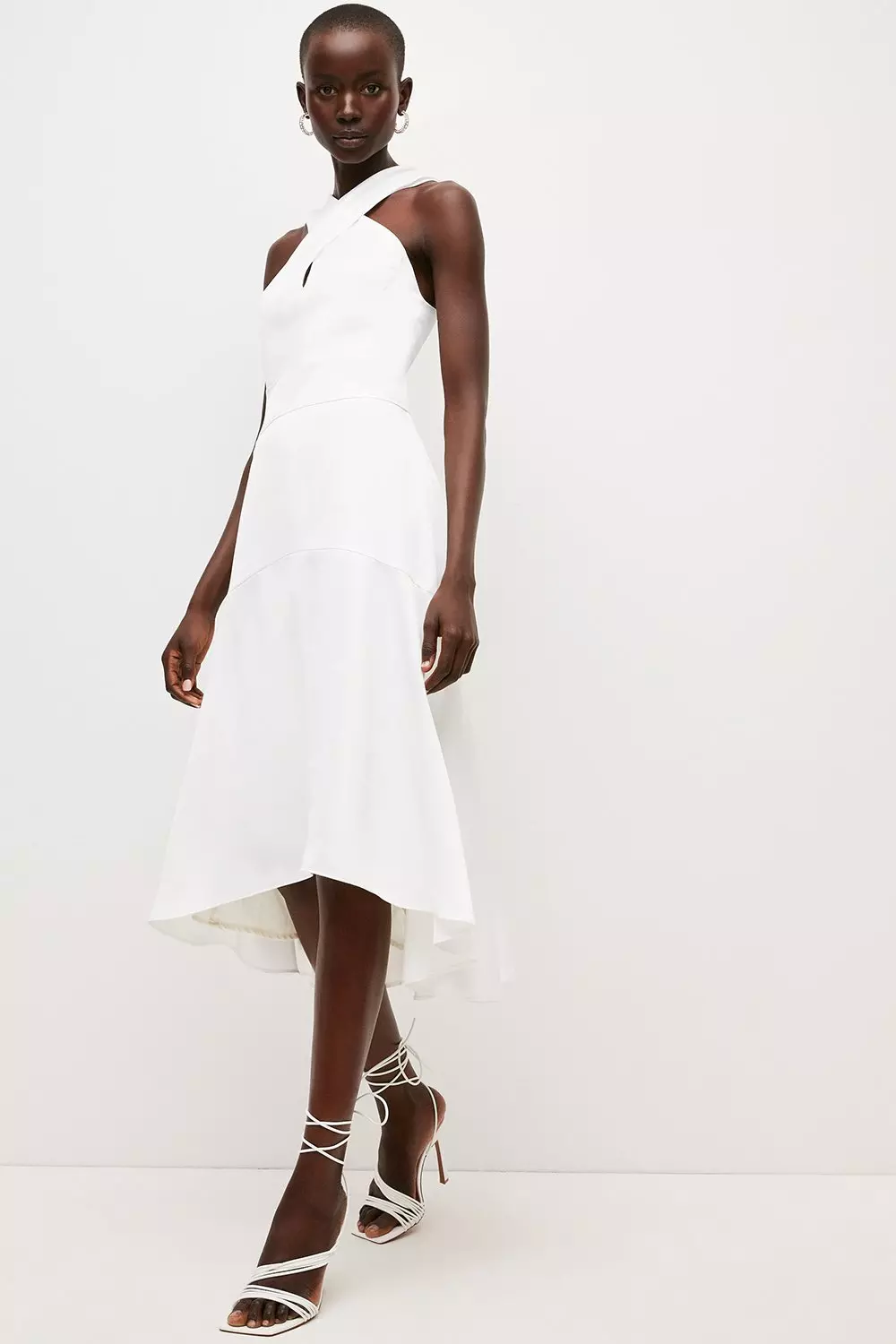Soft Tailored Cross Over Neck High Low Midi Dress | Karen Millen