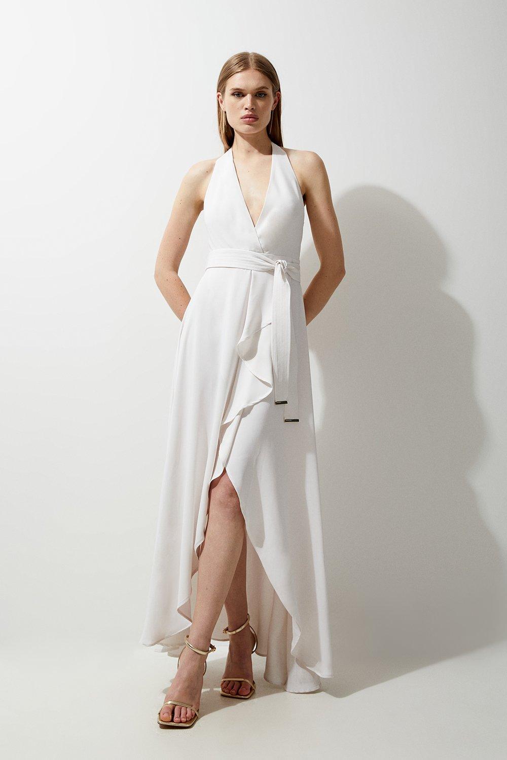 Soft Tailored Waterfall Halter Maxi Dress