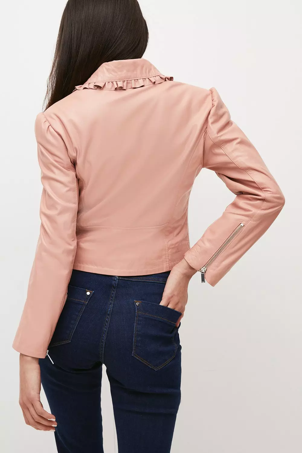 Petite Leather Frill Collar Moto Jacket | Karen Millen