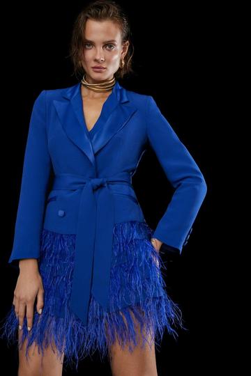 Cobalt Blue Viscose Satin Crepe Feather Hem Tailored Double Breasted Tux Mini Dress