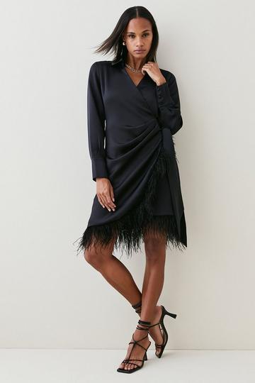 Satin Back Crepe Feather Hem Tailored Shirt Mini Dress black