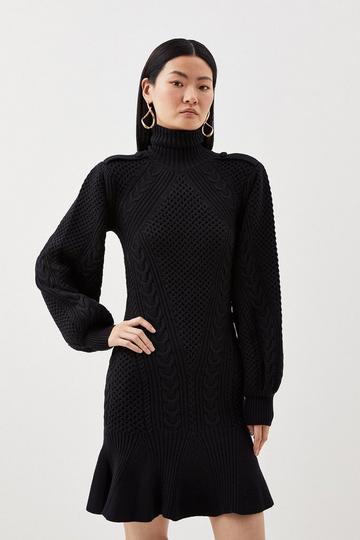 Lydia Millen Cable Knit Turtleneck Mini Dress black