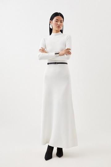 Ivory White Viscose Blend Rib Knit Belted Midi Dress