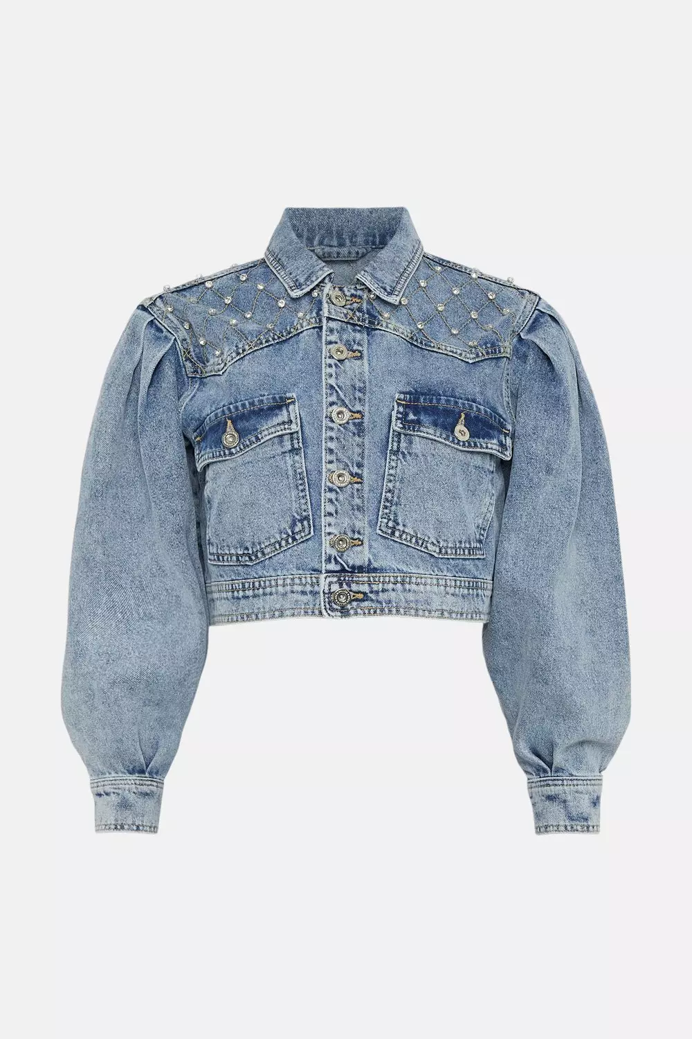 Denim Diamante Shoulder Detail Crop Jacket | Karen Millen