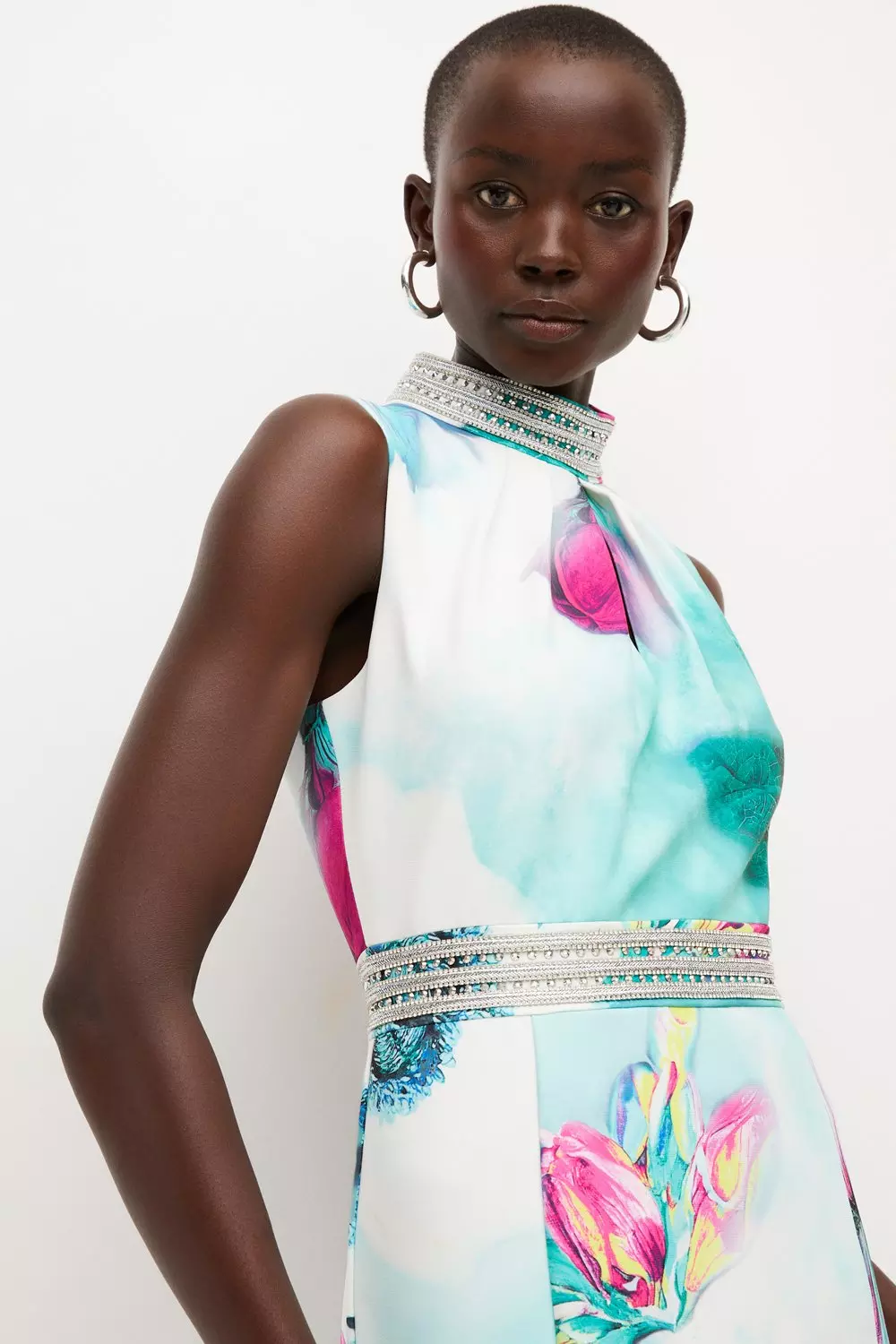 Diamante Trim Floral Woven Midi Dress | Karen Millen