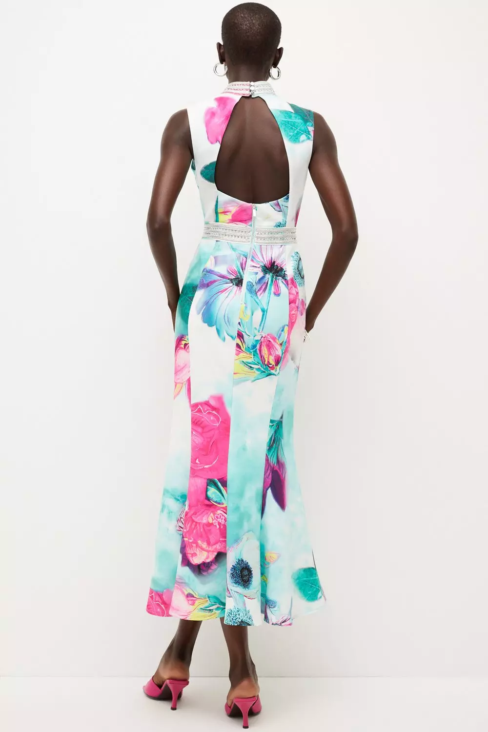 Diamante Trim Floral Woven Midi Dress | Karen Millen