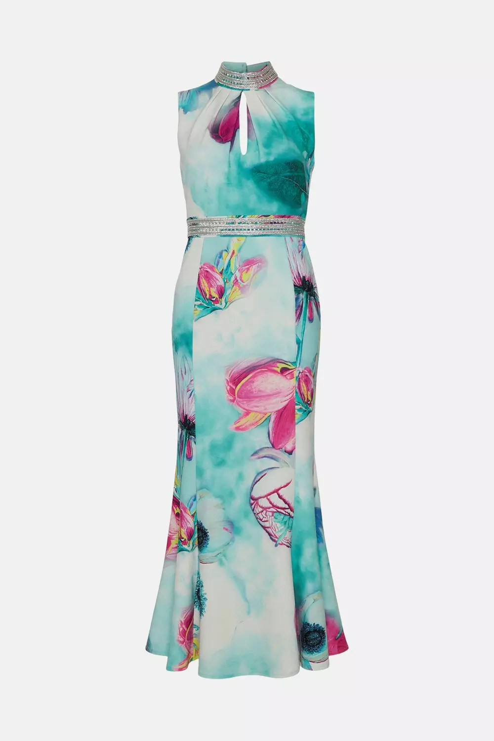 Diamante Trim Floral Woven Midi Dress | Karen Millen