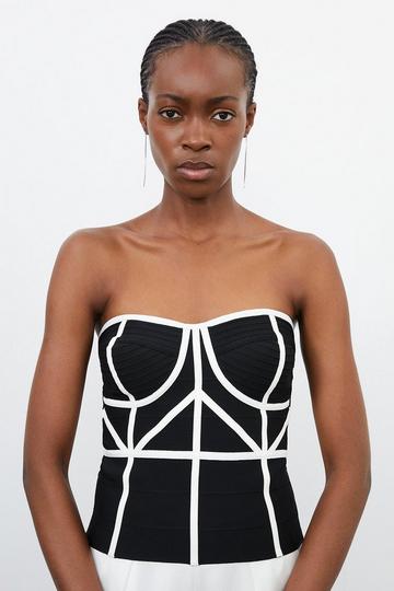 Black Bandage Knit And Pu Trim Corset