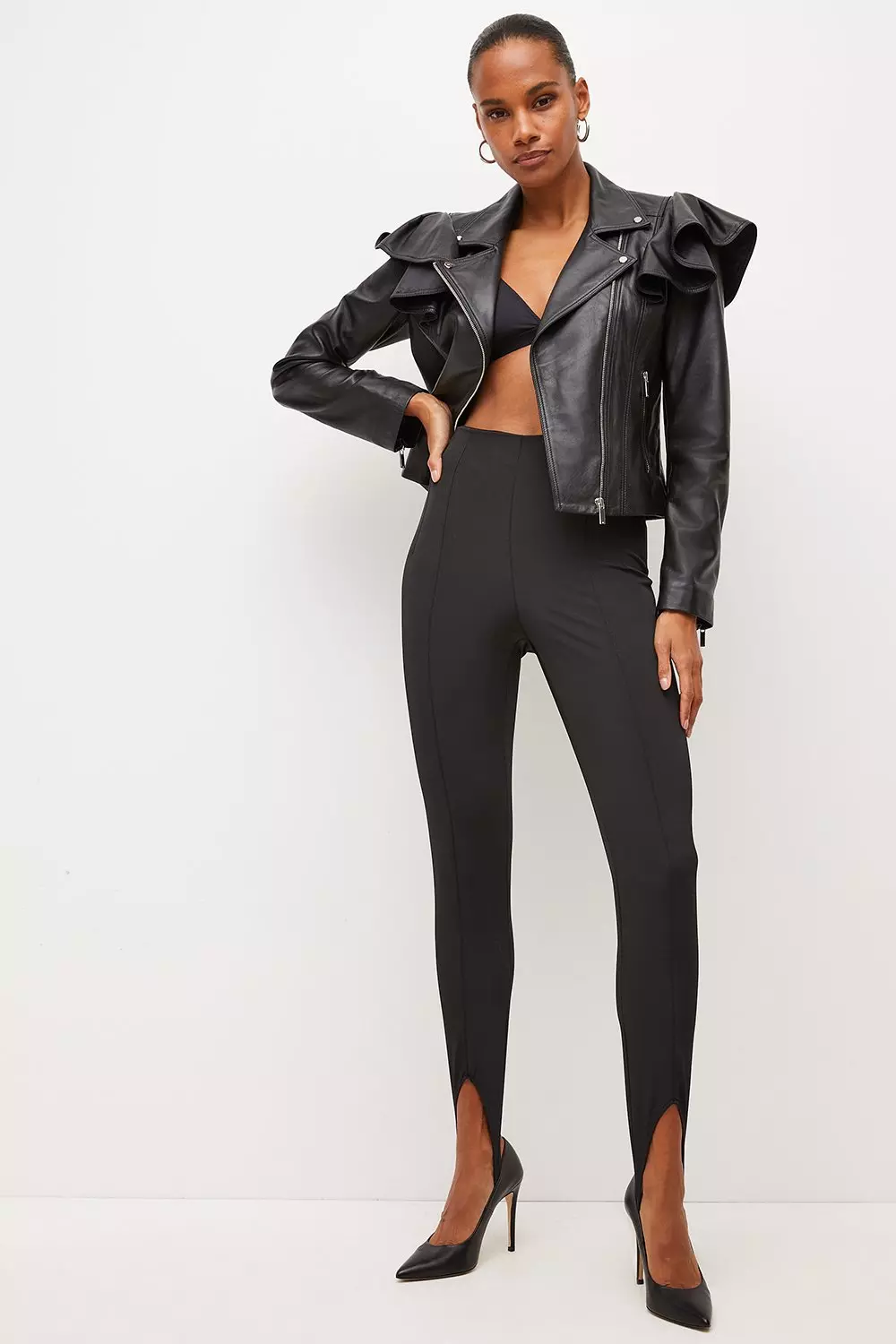 Leather Frill Shoulder Biker Jacket Karen Millen