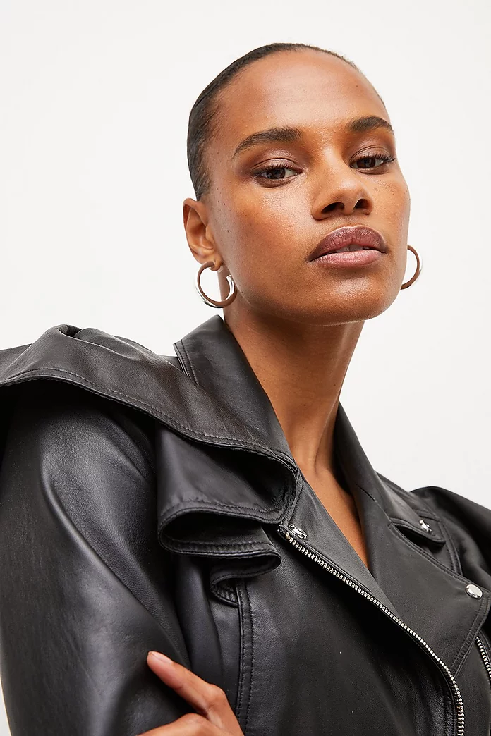 Leather Frill Shoulder Moto Jacket | Karen Millen Leather Frill Shoulder Moto Jacket | Karen Millen