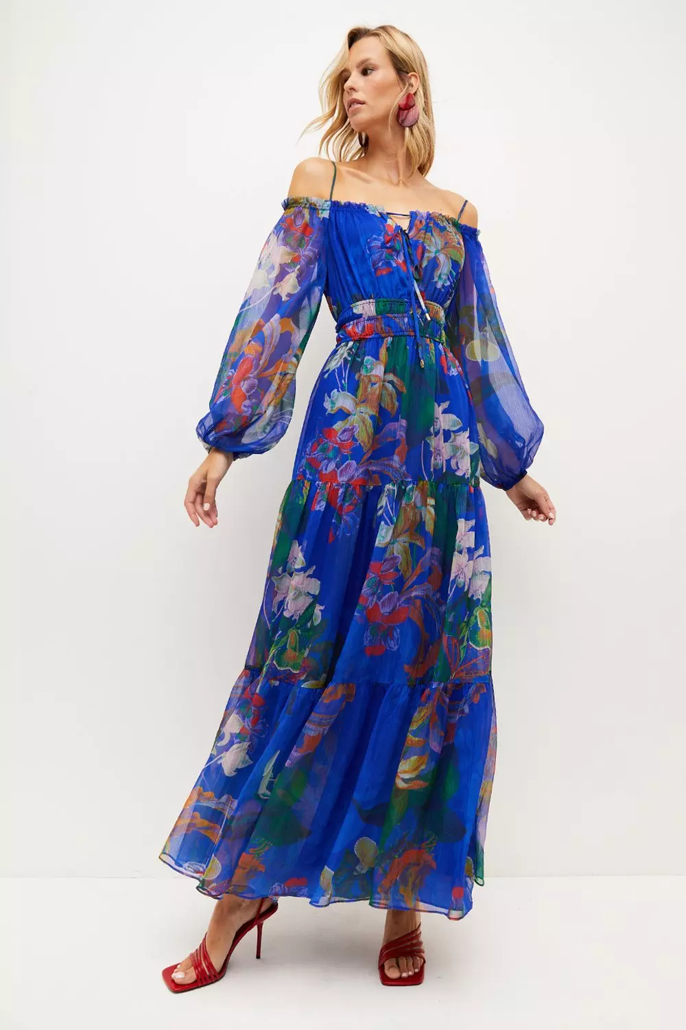 Tropical Off The Shoulder Shirred Woven Maxi Dress Karen Millen