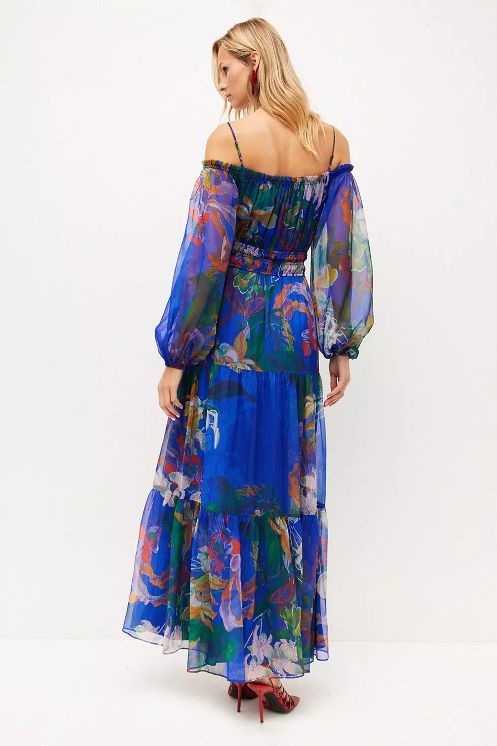 Tropical Bardot Shirred Woven Maxi Dress | Karen Millen