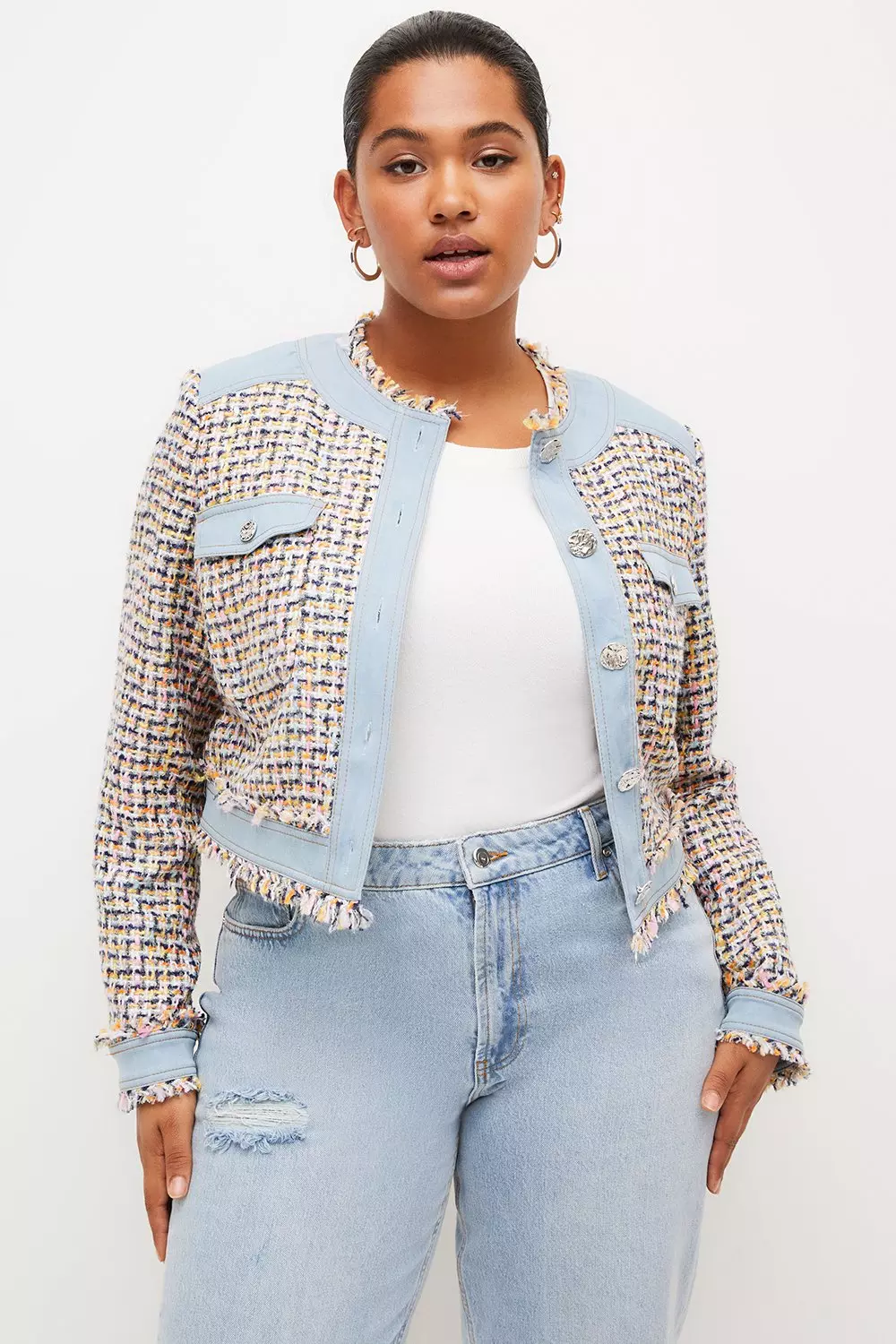 Plus Size Tweed And Denim Mix Jacket | Karen Millen