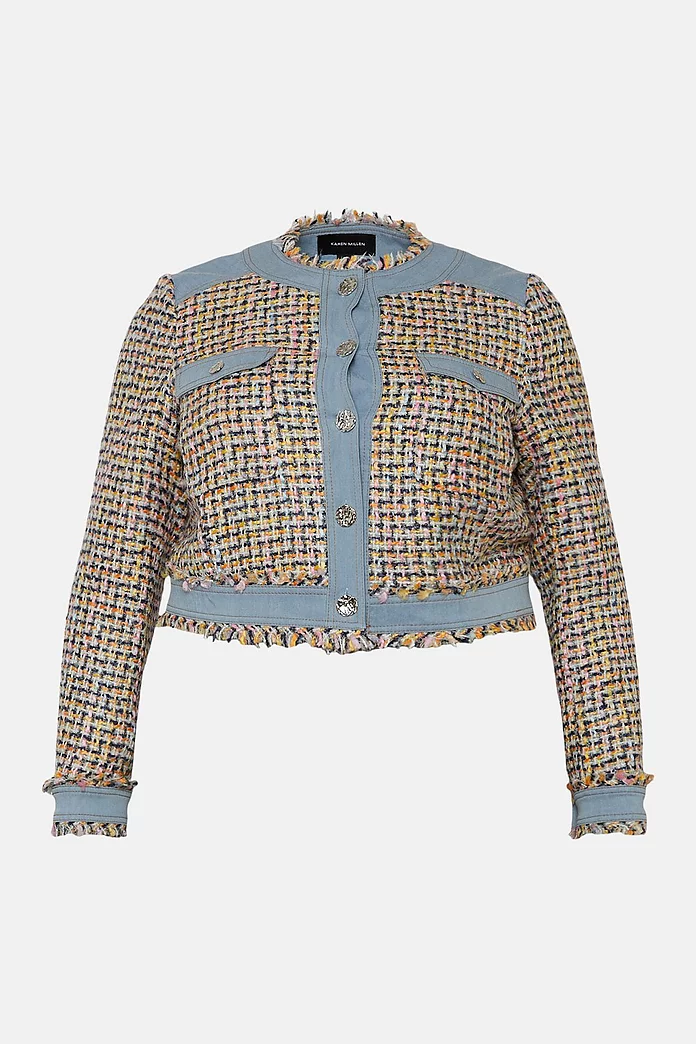 Plus Size Tweed And Denim Mix Jacket | Karen Millen Plus Size Tweed And Denim Mix Jacket | Karen Millen
