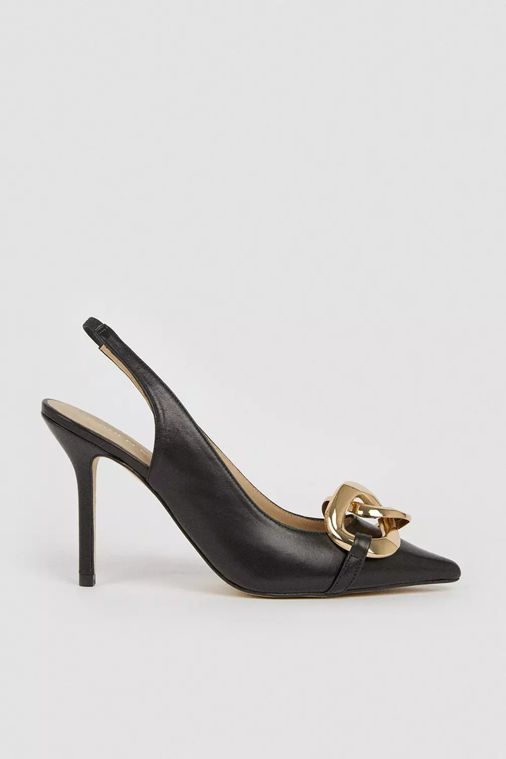 Black Leather Metal Chain Sling Back Heels  alternative image