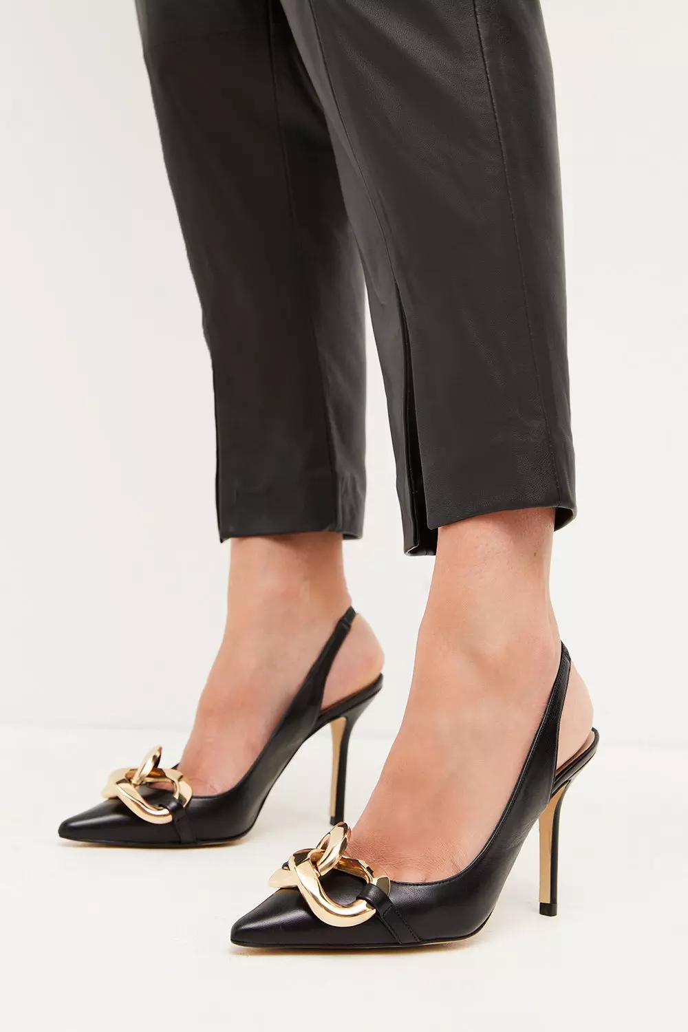 Black Leather Metal Chain Sling Back Heels  alternative image