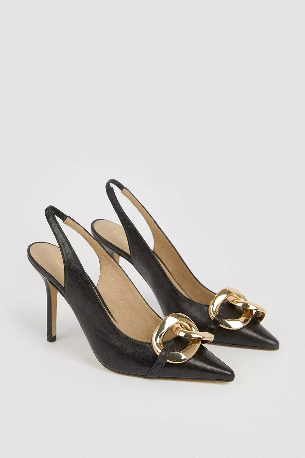 Black Leather Metal Chain Sling Back Heels  alternative image