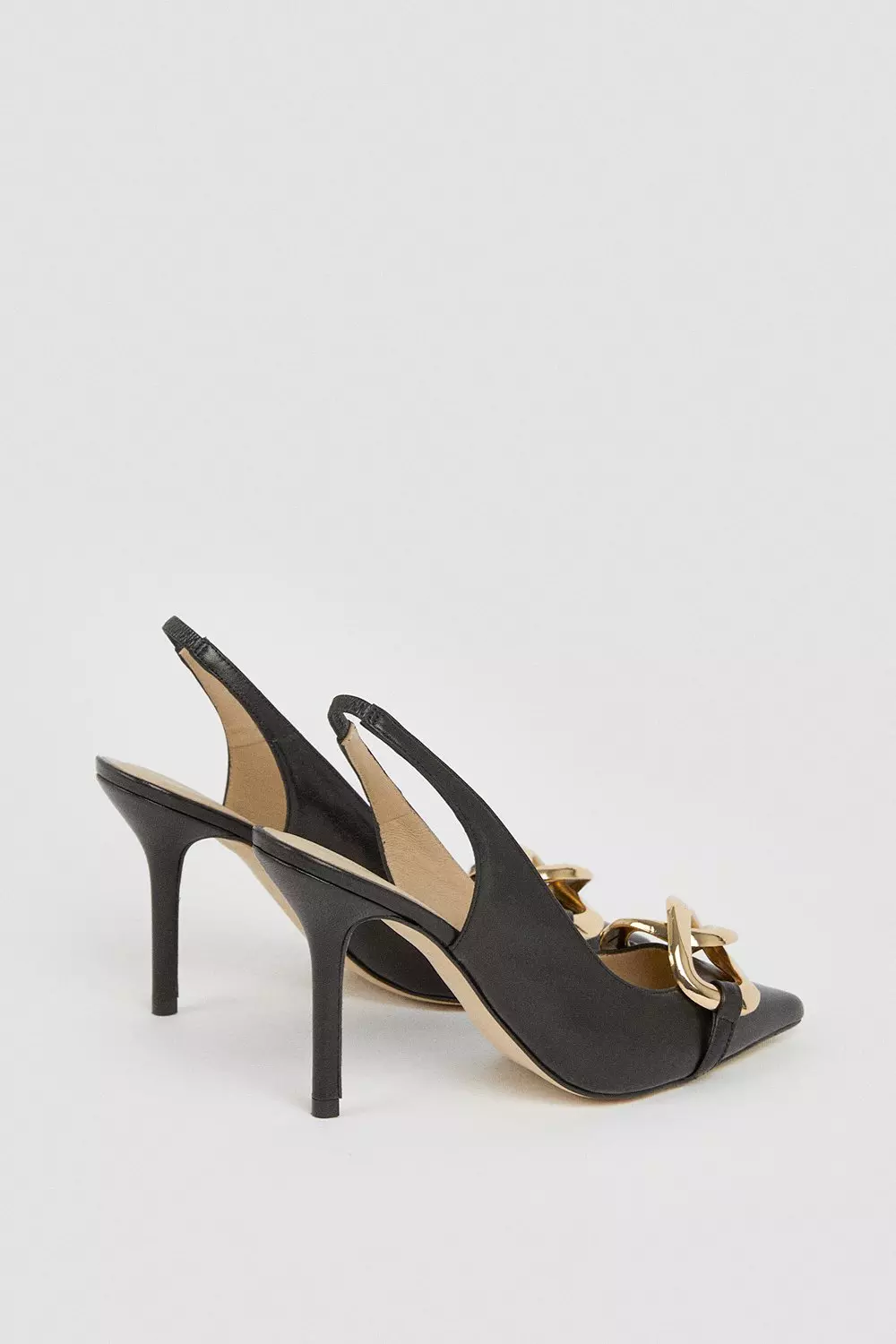 Black Leather Metal Chain Sling Back Heels  alternative image