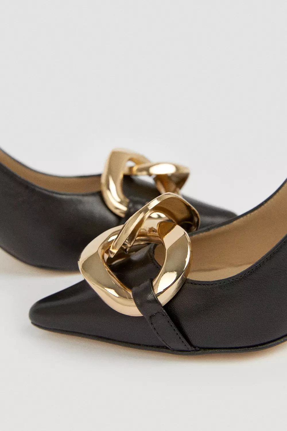 Black Leather Metal Chain Sling Back Heels  alternative image