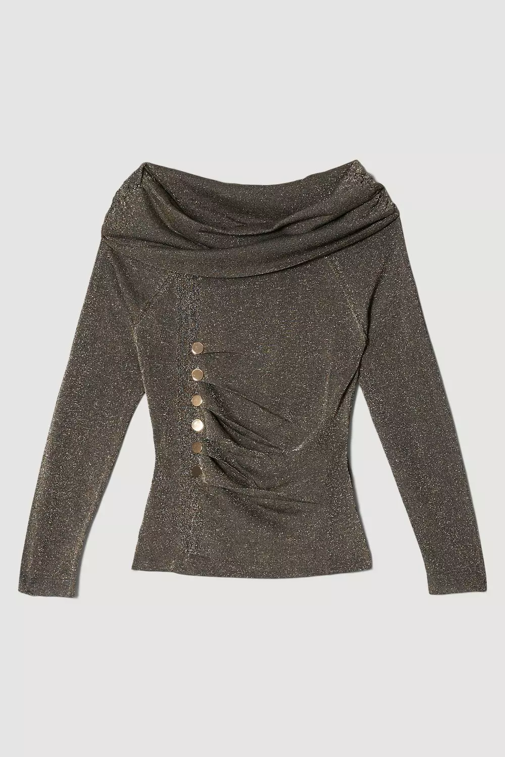 Sparkle Slinky Knit Drape Off The Shoulder Top | Karen Millen