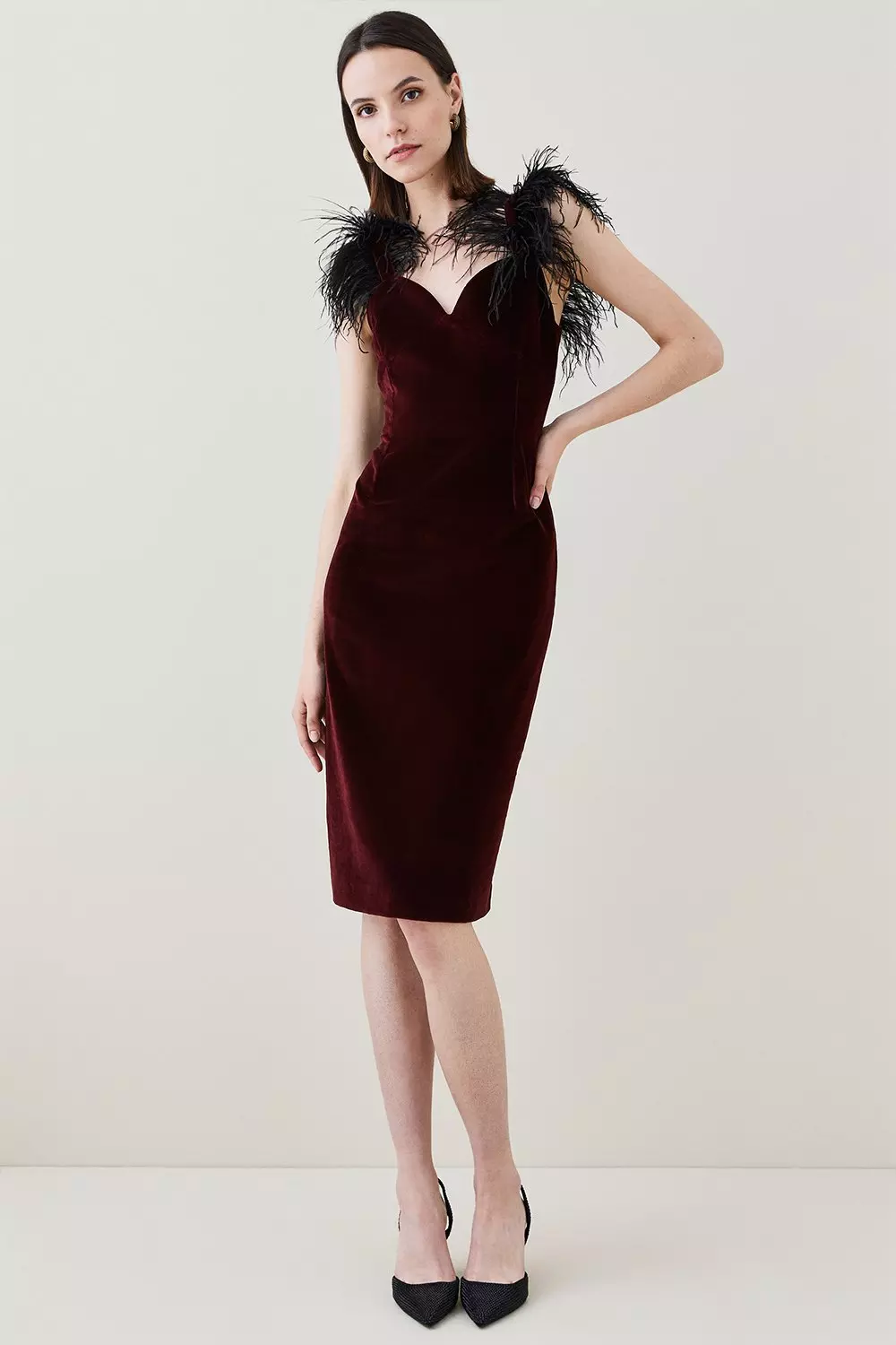 Merlot Velvet Feather Strap Midi Dress alternative image