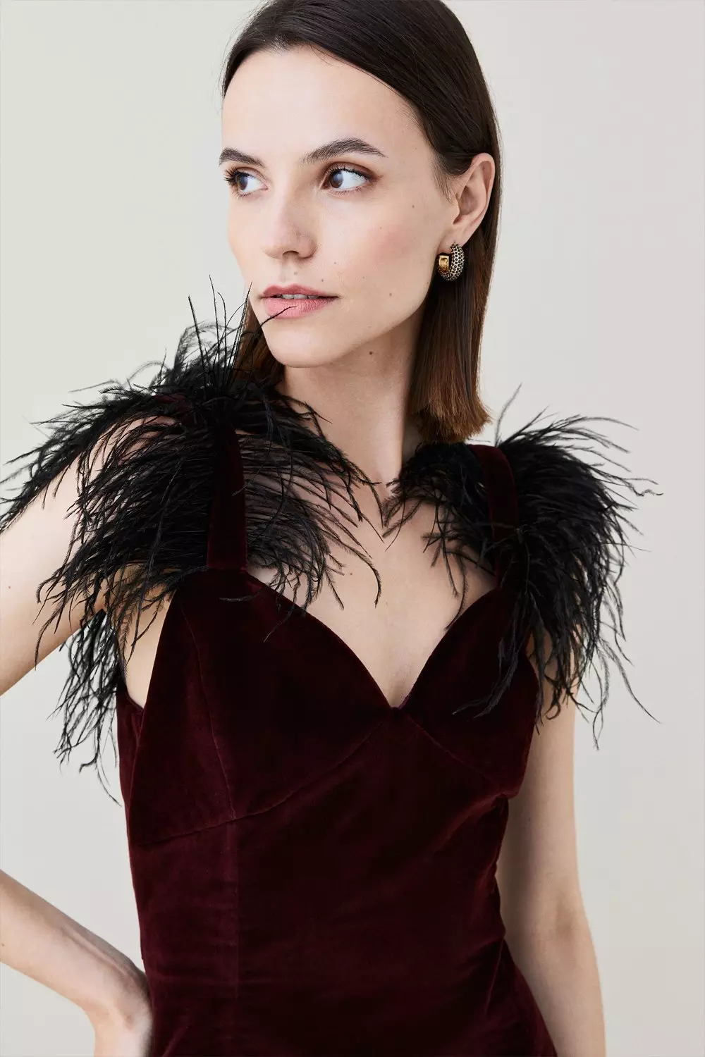 Merlot Velvet Feather Strap Midi Dress alternative image