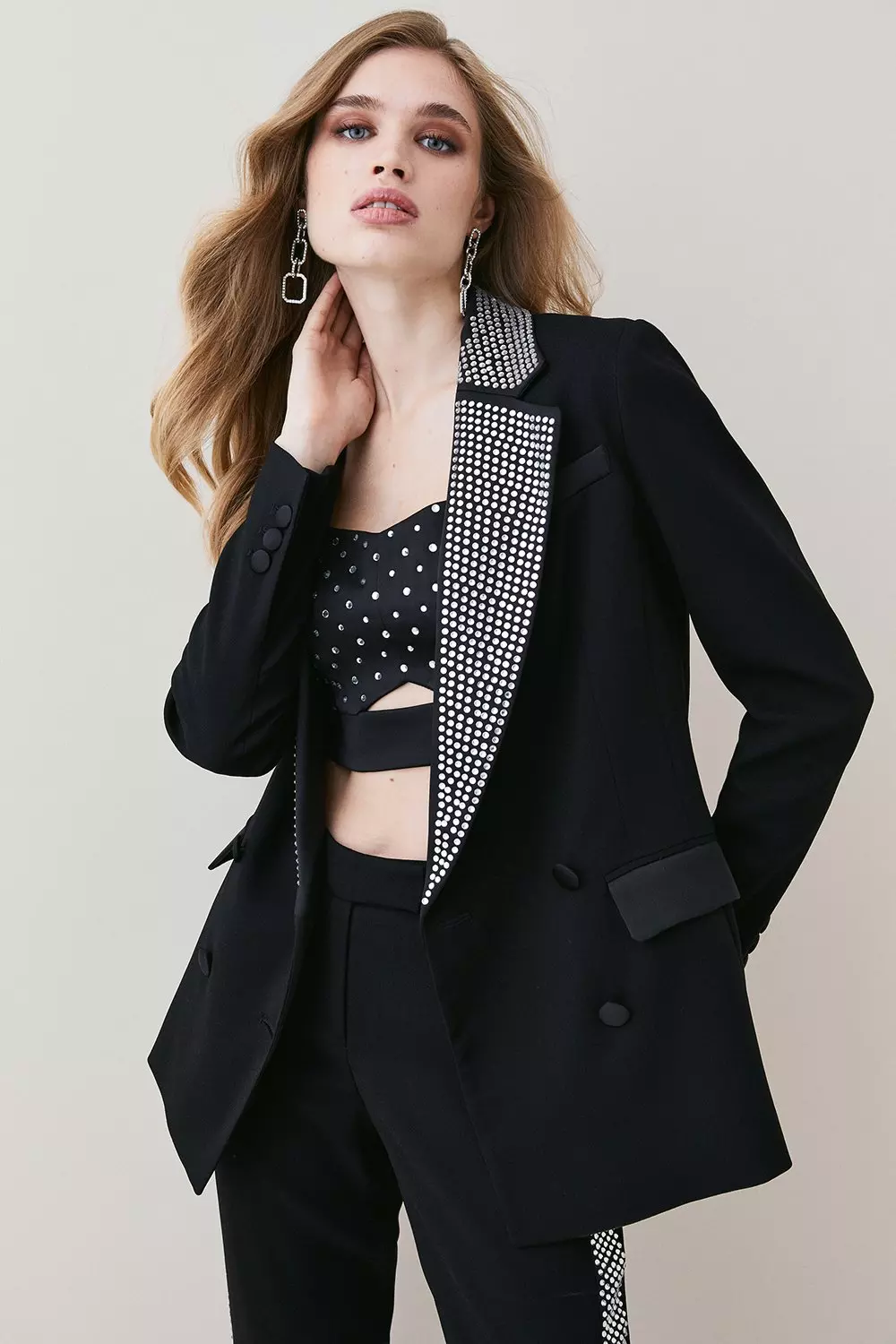 Satin Diamante Lapel Double Breasted Blazer Karen Millen