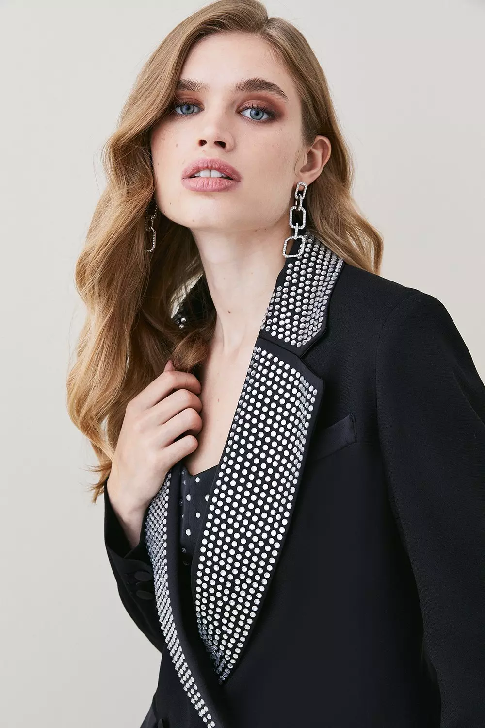 Satin Diamante Lapel Double Breasted Blazer Karen Millen