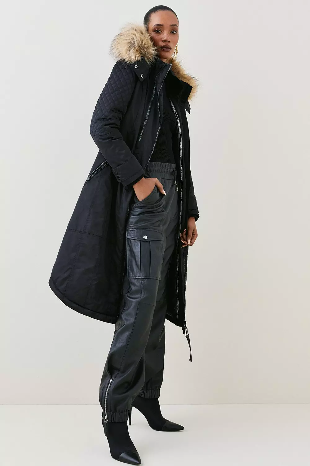 Black belted parka coat hotsell