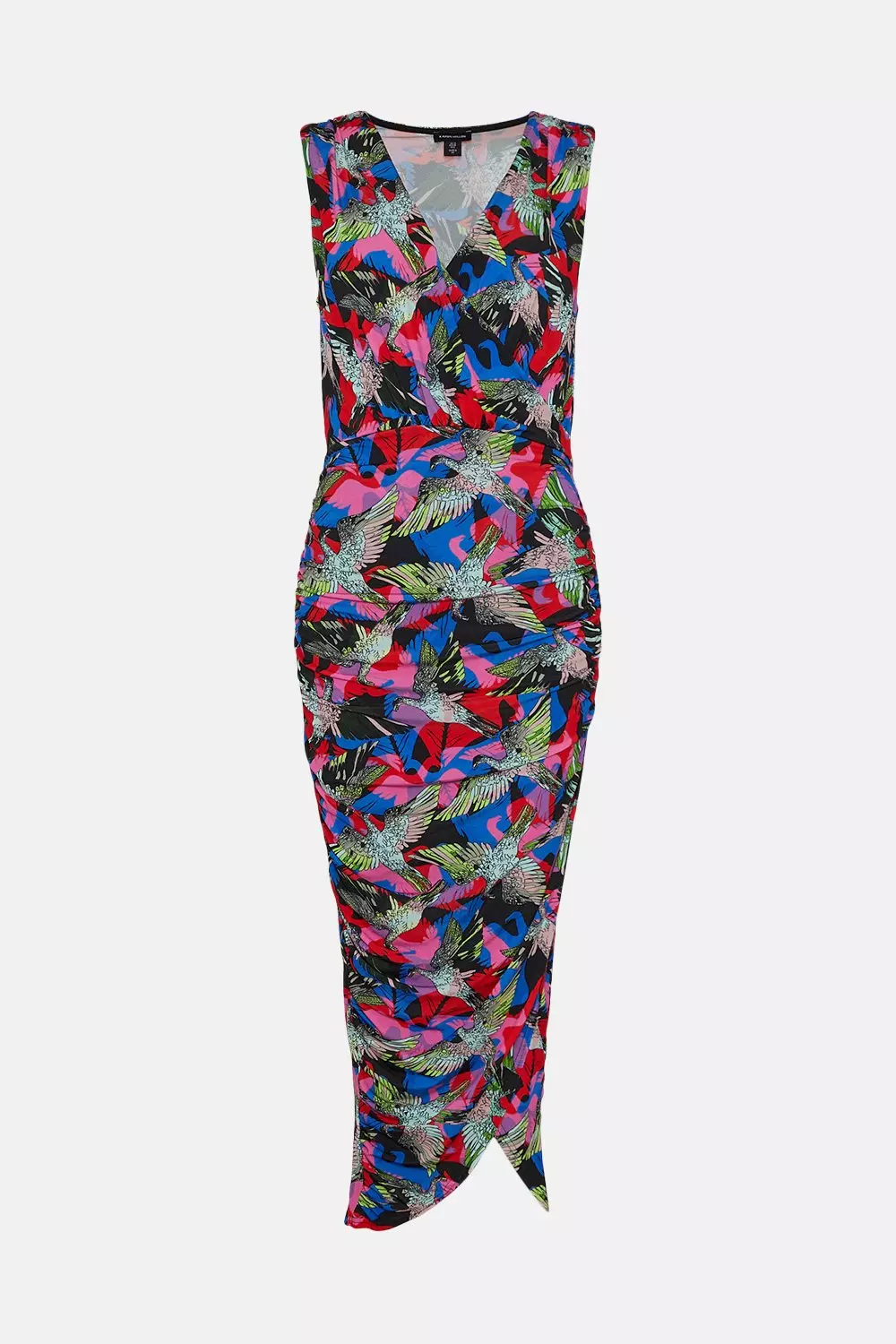 Bird Print Ruched Jersey Wrap Midi Dress Karen Millen