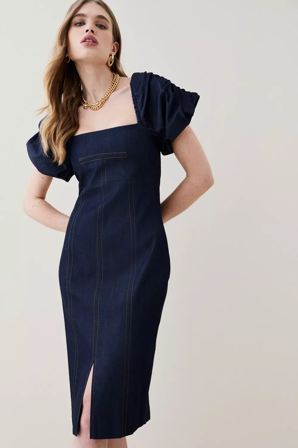 Tailored Denim Puff Sleeve Pencil Midi Dress  alternative image