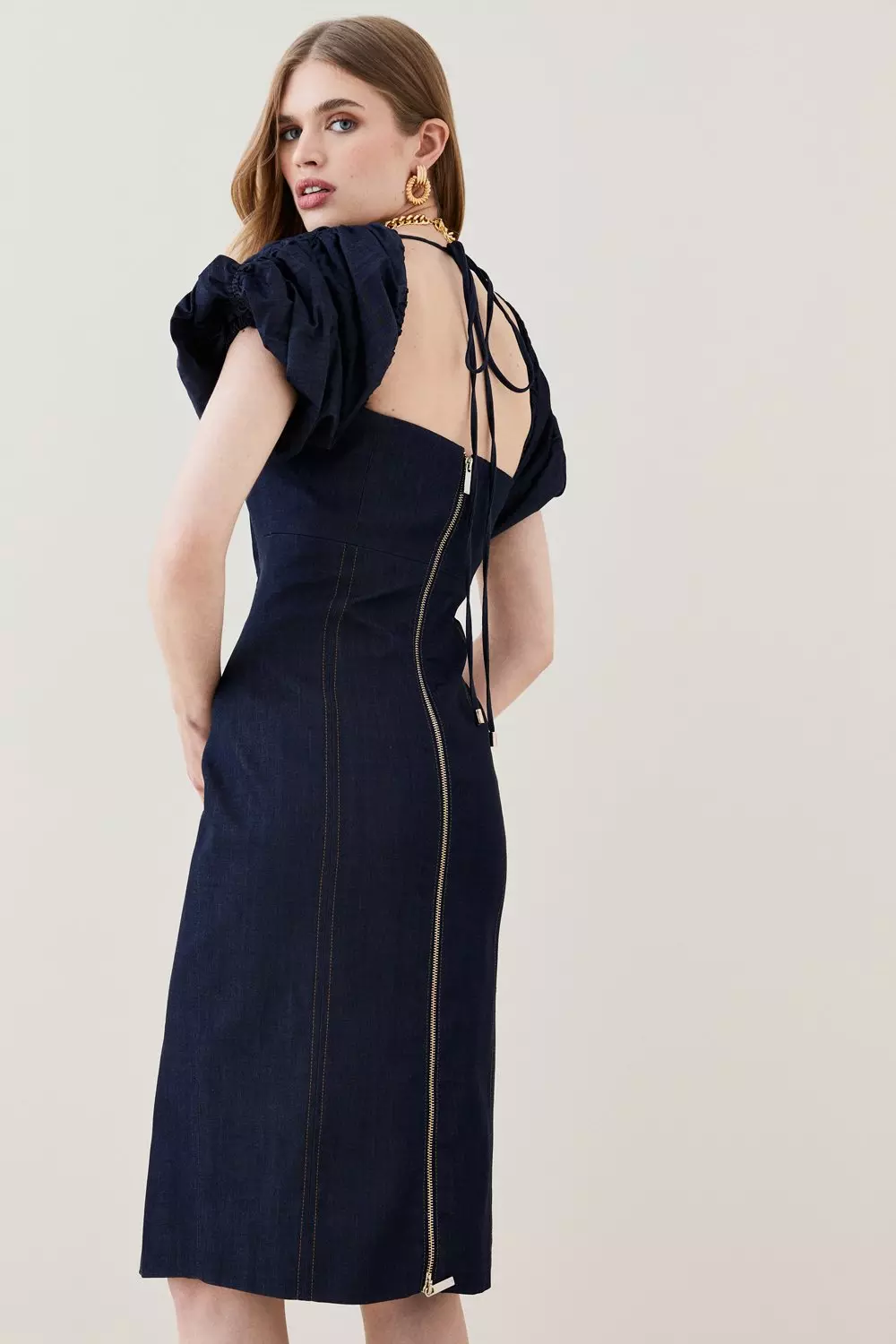Tailored Denim Puff Sleeve Pencil Midi Dress  alternative image