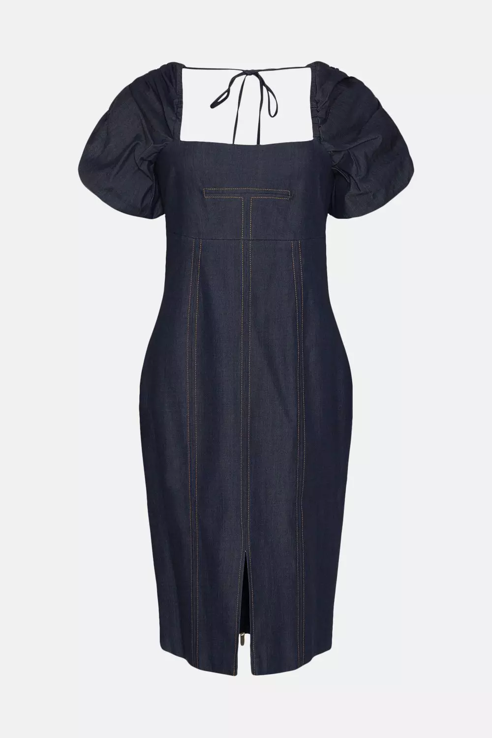 Tailored Denim Puff Sleeve Pencil Midi Dress  alternative image