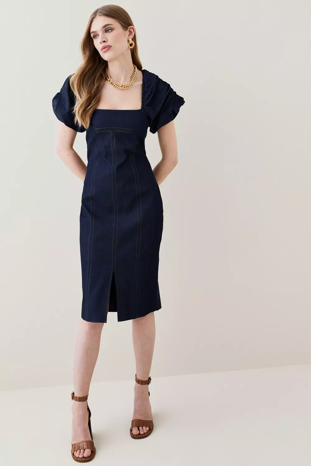 Tailored Denim Puff Sleeve Pencil Midi Dress  alternative image