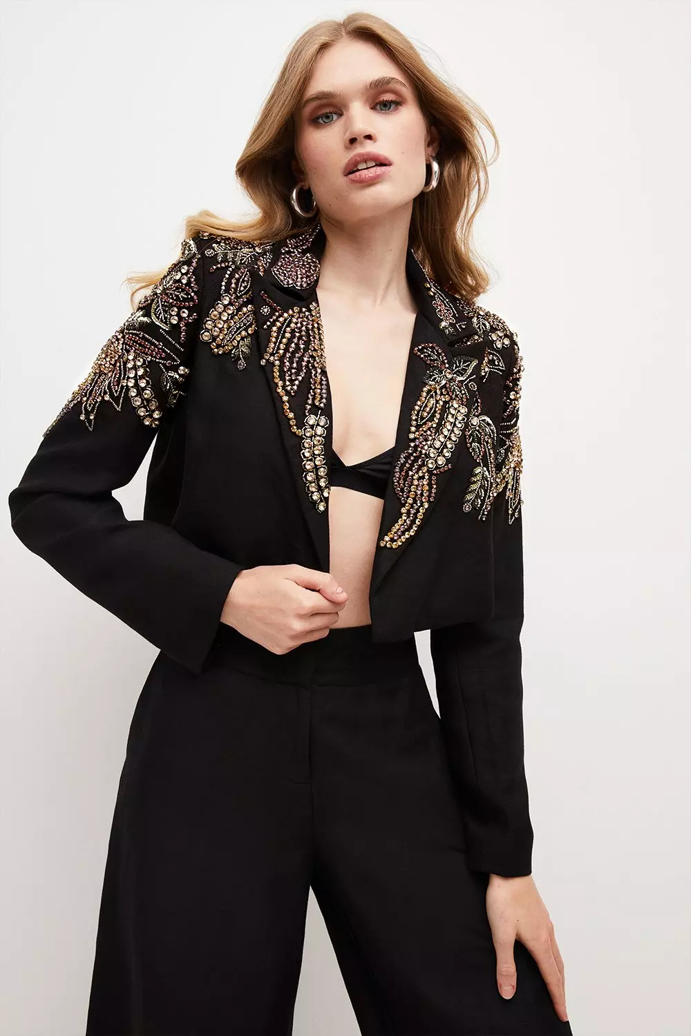 Crystal Embellished Linen Twill Crop Jacket | Karen Millen