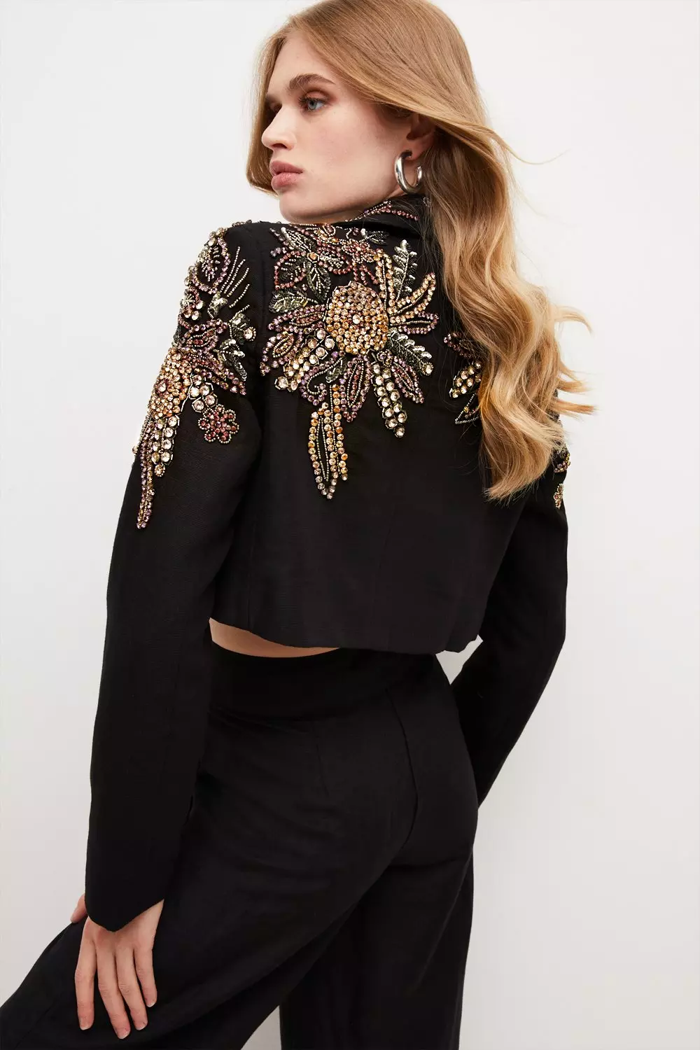 Crystal Embellished Linen Twill Crop Jacket Karen Millen