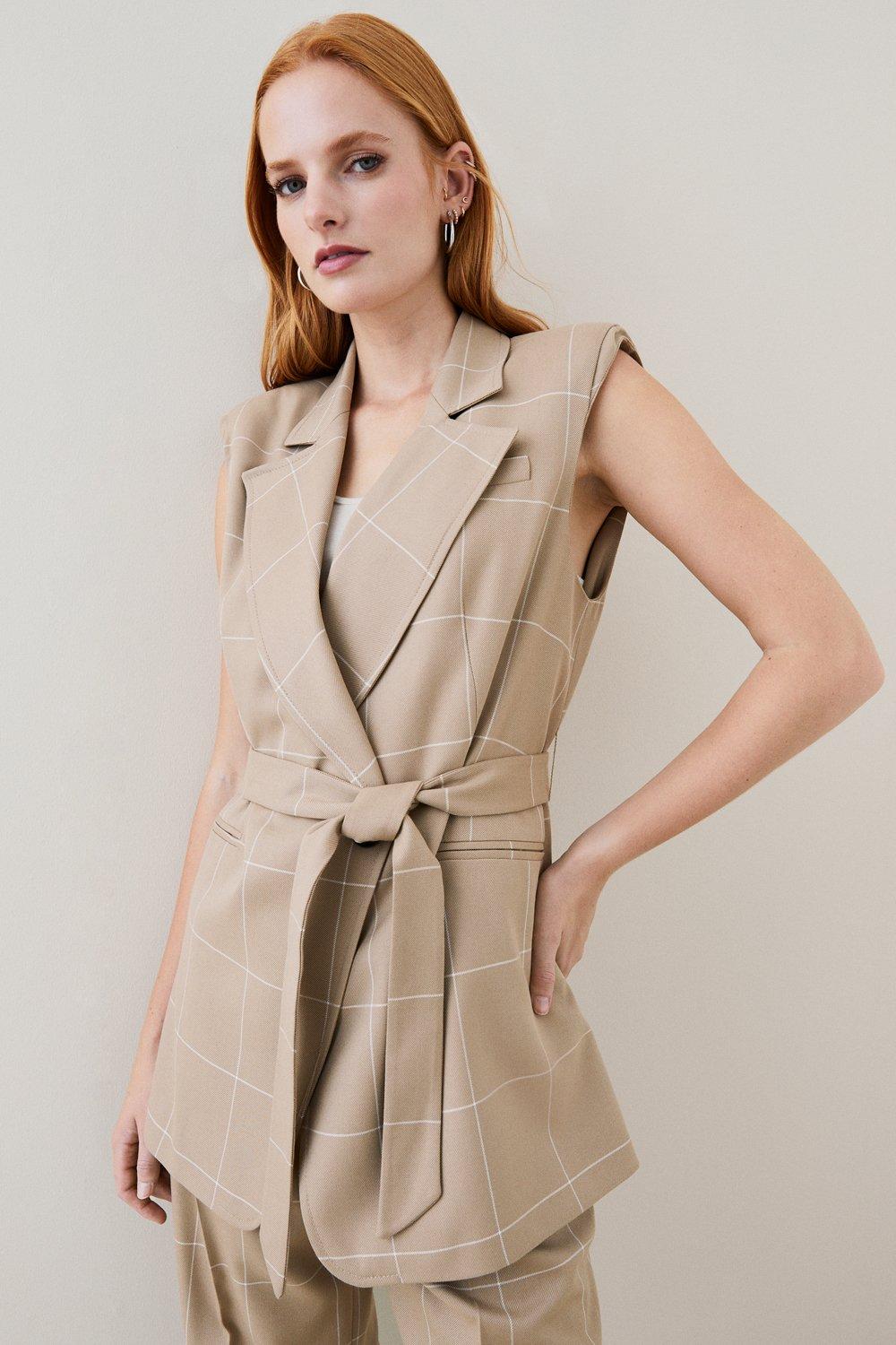 Camel Check Sleeveless Tailored Jacket