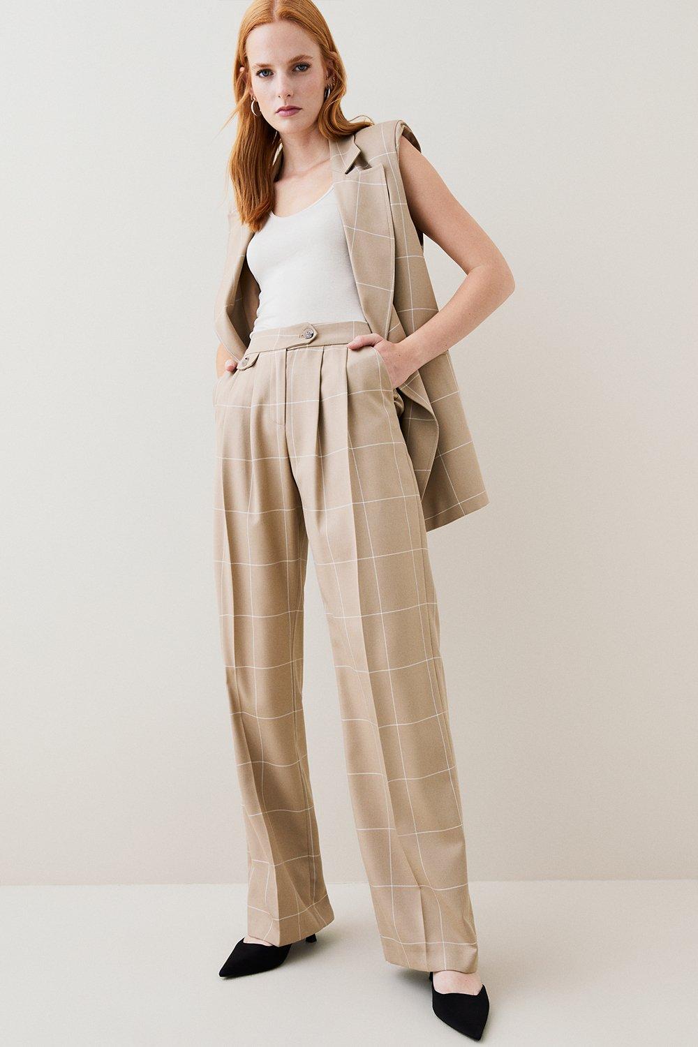 Camel Check Wide Leg Pocket Detail Trousers 